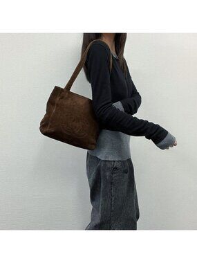 Chanel CC Logo Tote Shoulder Bag Brown Suede No 5 Vintage
